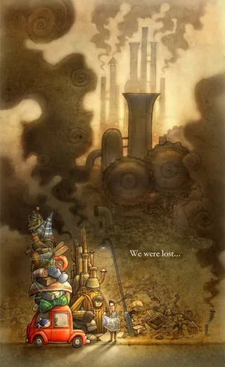 Steampunk scene with a small red vehicle and large smoking machinery by Tom Bonson