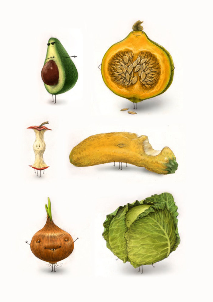 Frutos podres ilustrados como seres humanos
