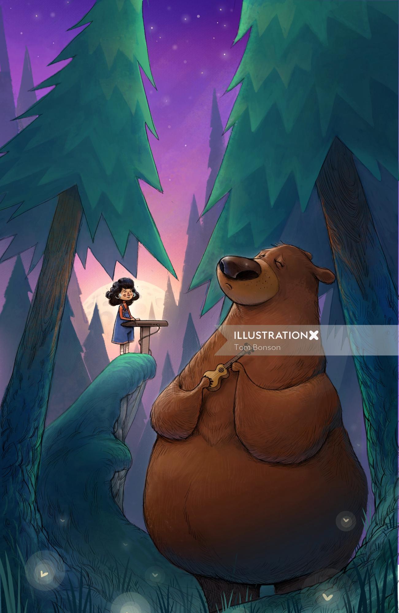 少女とクマが音楽を演奏する
