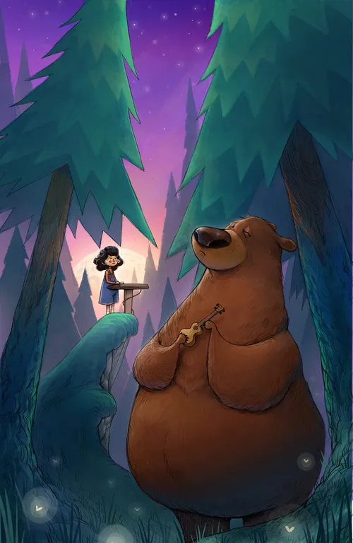 Kleines Mädchen und der Bär spielen Musik