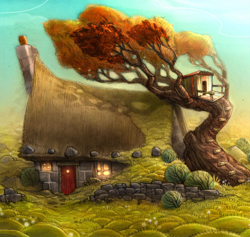 Uma ilustração da casa de campo e casa na árvore