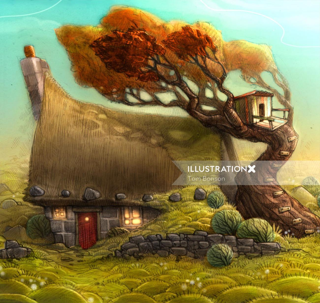 An Illustration of Cottage and Tree House