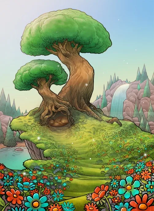 Diseño de fantasía infantil de árbol en la naturaleza.
