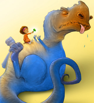 Design cativante de um dinossauro e uma menina