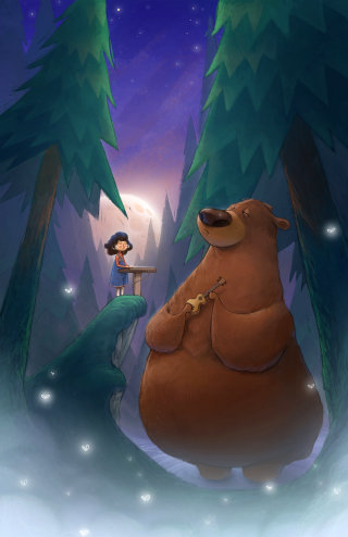 Urso de animação e a garota
