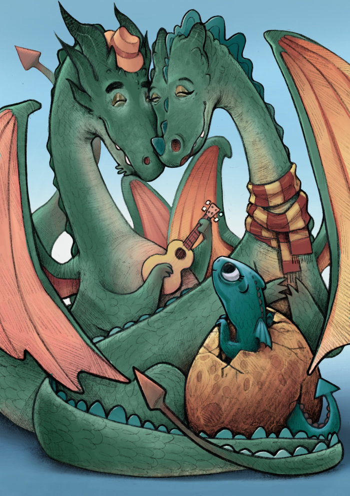 Ilustración de fantasía de dragones felices