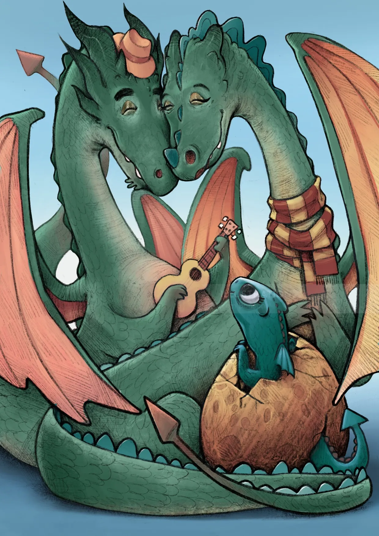Fantasy illustration of Happy dragons
