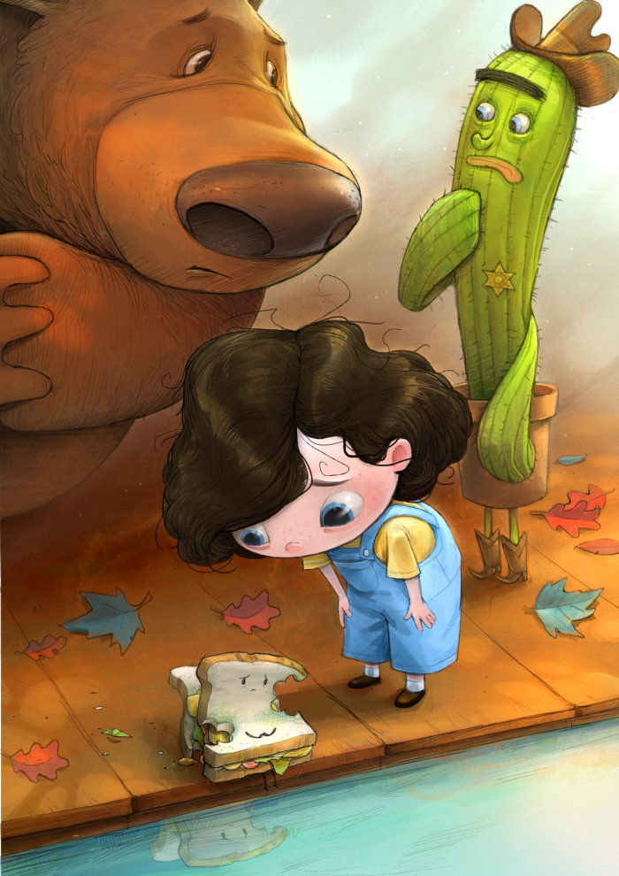 Ilustración infantil de oso y niña.