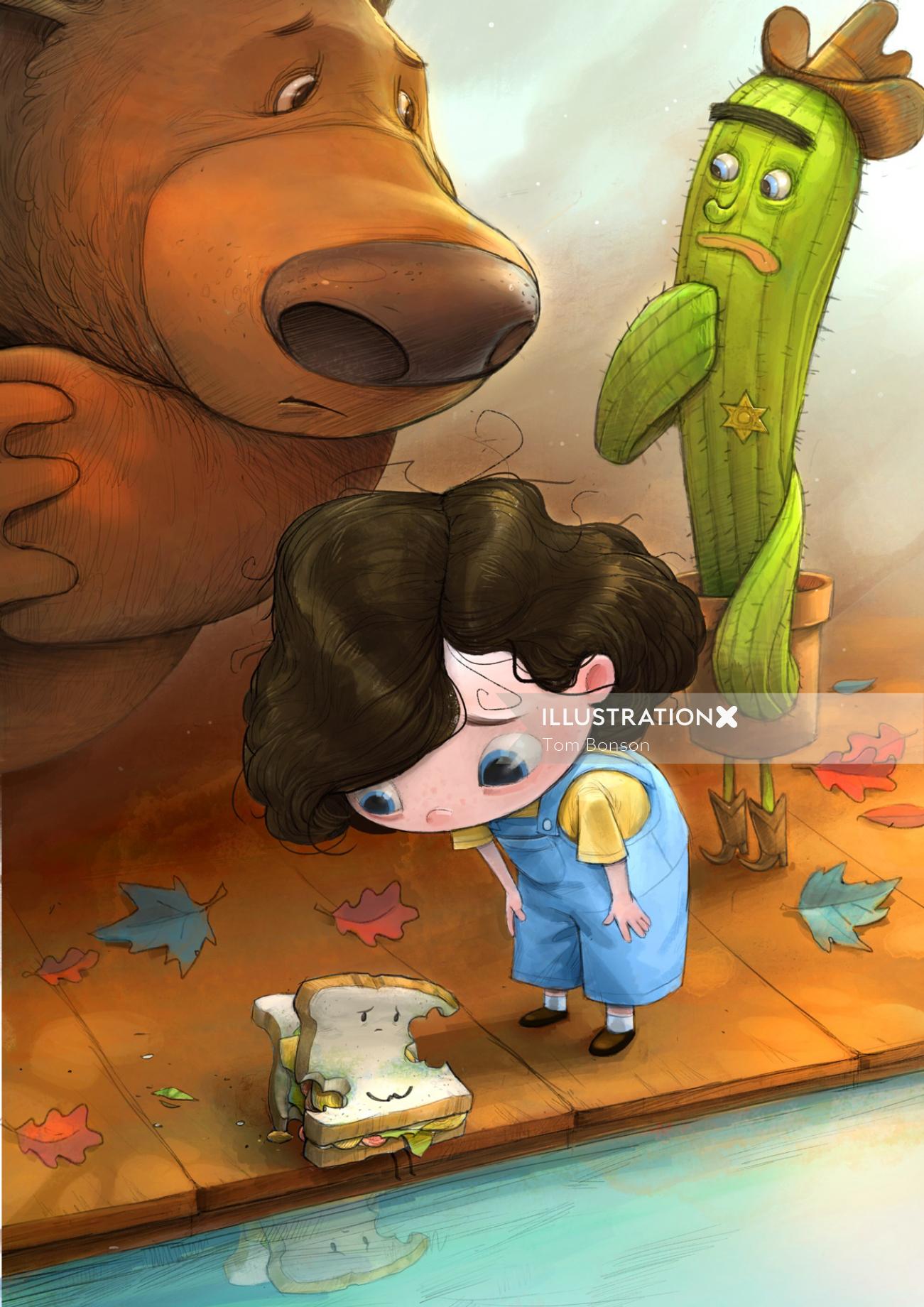 Children illustration of bear and girl
