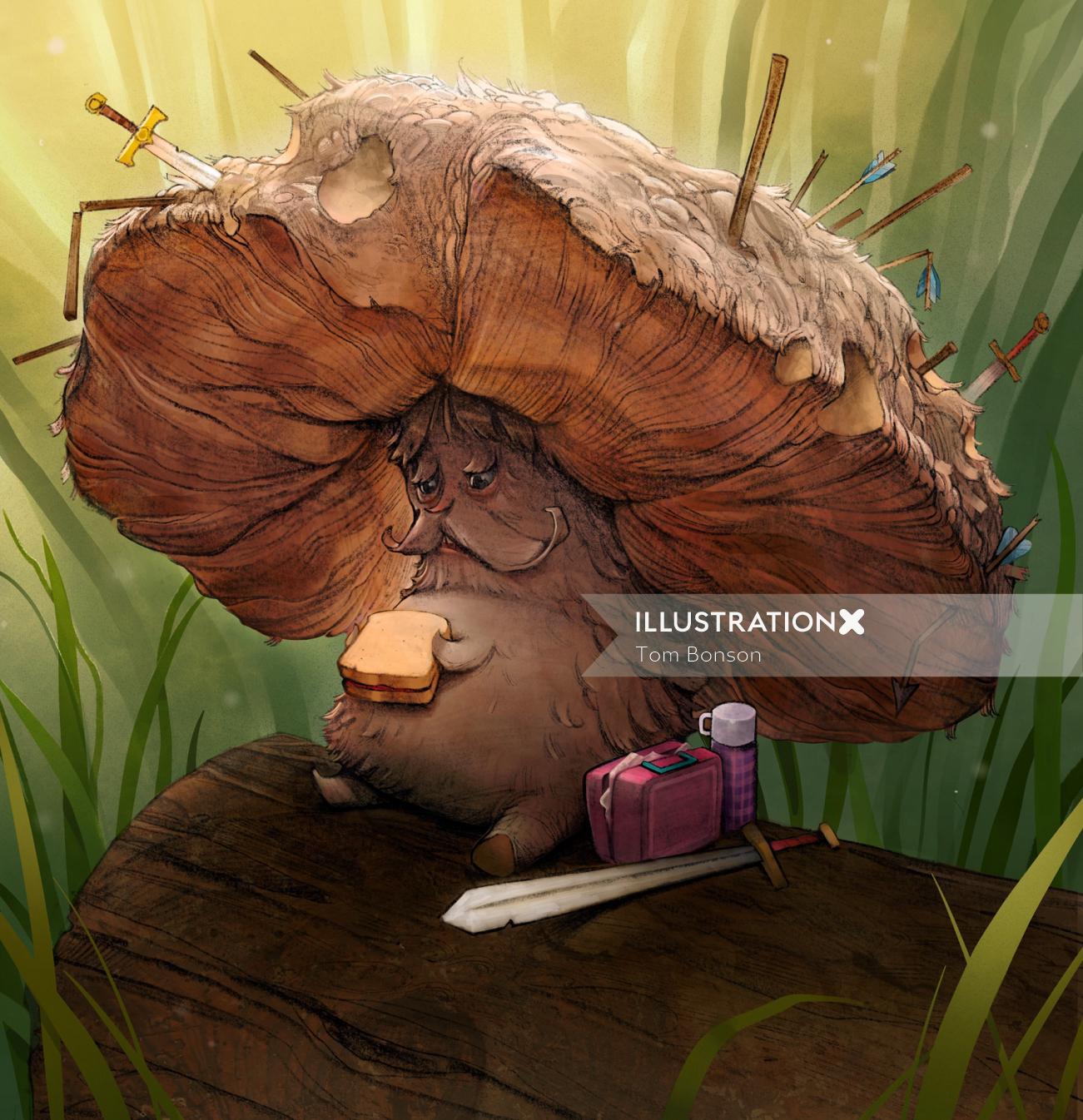 Character Design of tree eating sandwitch
