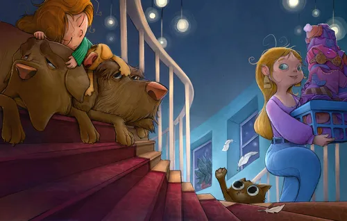 Zeichentrickfiguren, Kinder und Hund