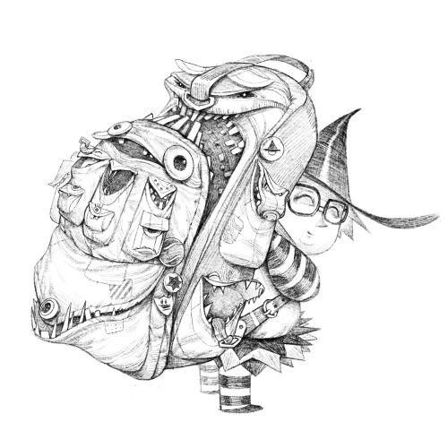 Whimsical pencil drawing of a child with witch hat peeking from a detailed bag by Tom Bonson