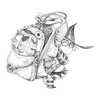Whimsical pencil drawing of a child with witch hat peeking from a detailed bag by Tom Bonson