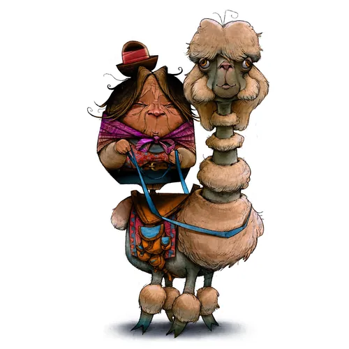 Cartoon llama with rider by Tom Bonson