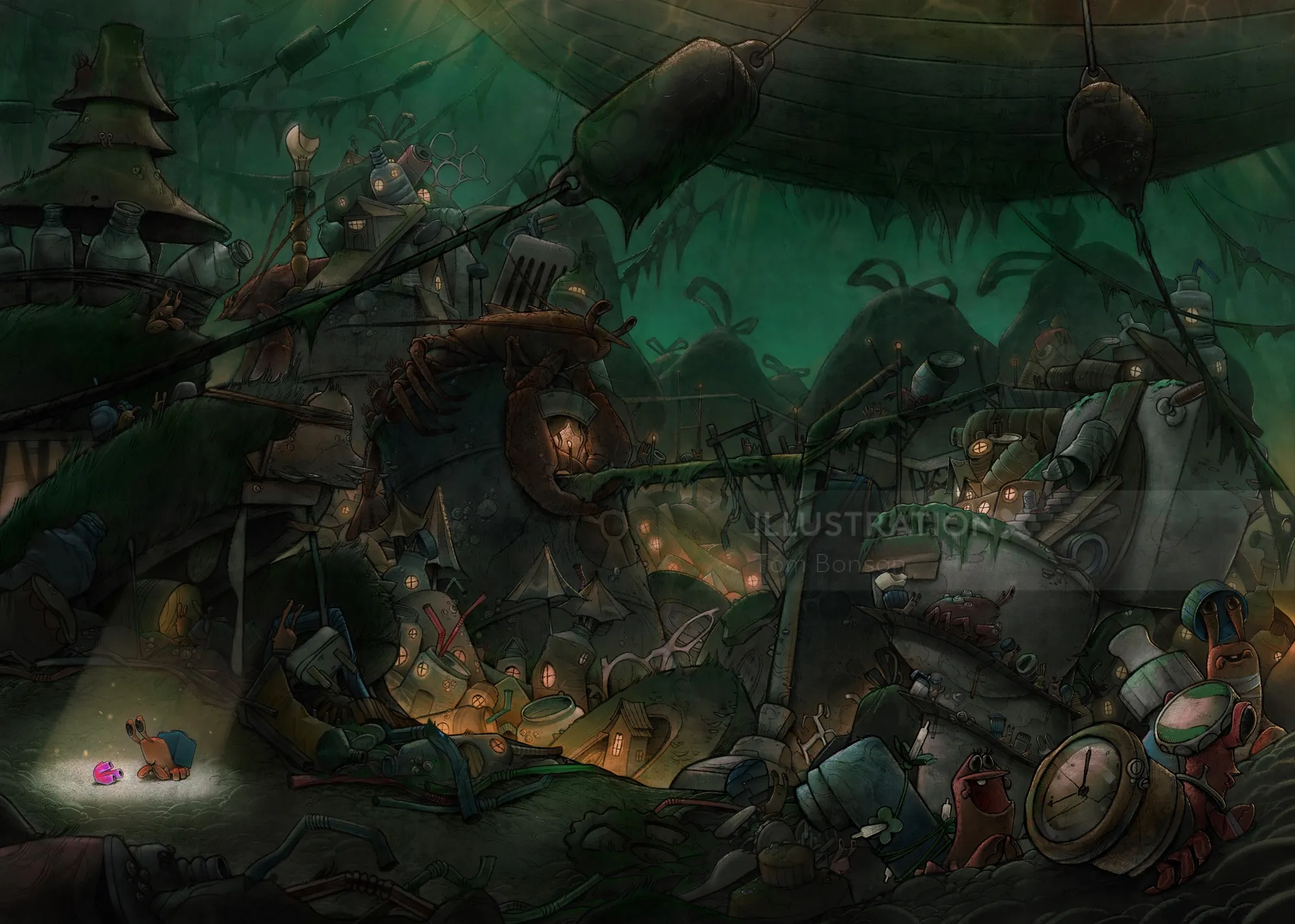 Dark fantasy village with mechanical buildings and glowing lights by Tom Bonson
