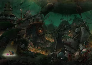 Dark fantasy village with mechanical buildings and glowing lights by Tom Bonson