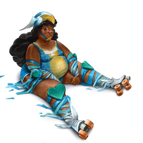 Woman with feathered helmet and roller skates by Tom Bonson