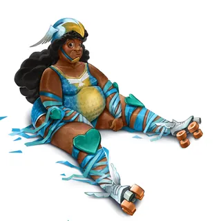 Woman with feathered helmet and roller skates by Tom Bonson