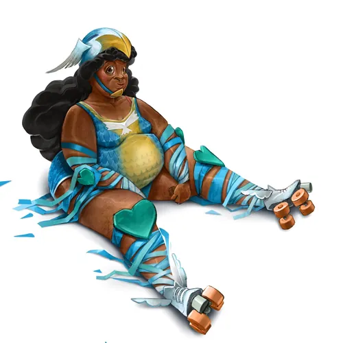 Woman with feathered helmet and roller skates by Tom Bonson