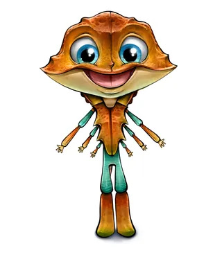 Cartoon character with leaf-shaped head and blue overalls by Tom Bonson