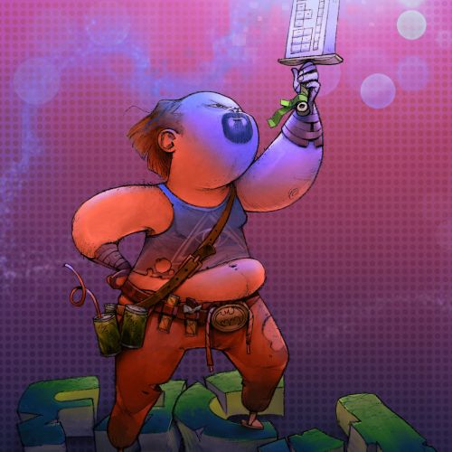 Futuristic warrior holding glowing keyboard sword by Tom Bonson