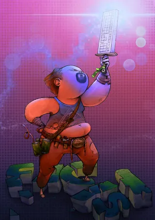 Futuristic warrior holding glowing keyboard sword by Tom Bonson