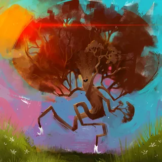 Abstract tree with human legs in colorful background by Tom Bonson