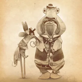 Whimsical frog and bird in vintage hats and vests by Tom Bonson