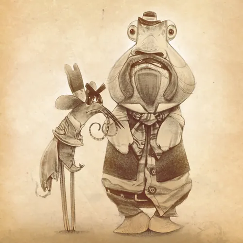 Whimsical frog and bird in vintage hats and vests by Tom Bonson