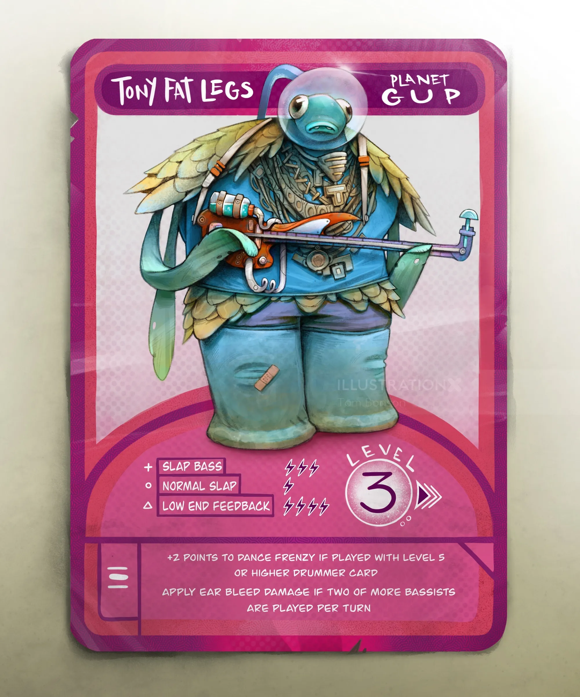 Blue humanoid insect character on game card by Tom Bonson