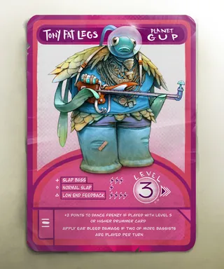 Blue humanoid insect character on game card by Tom Bonson