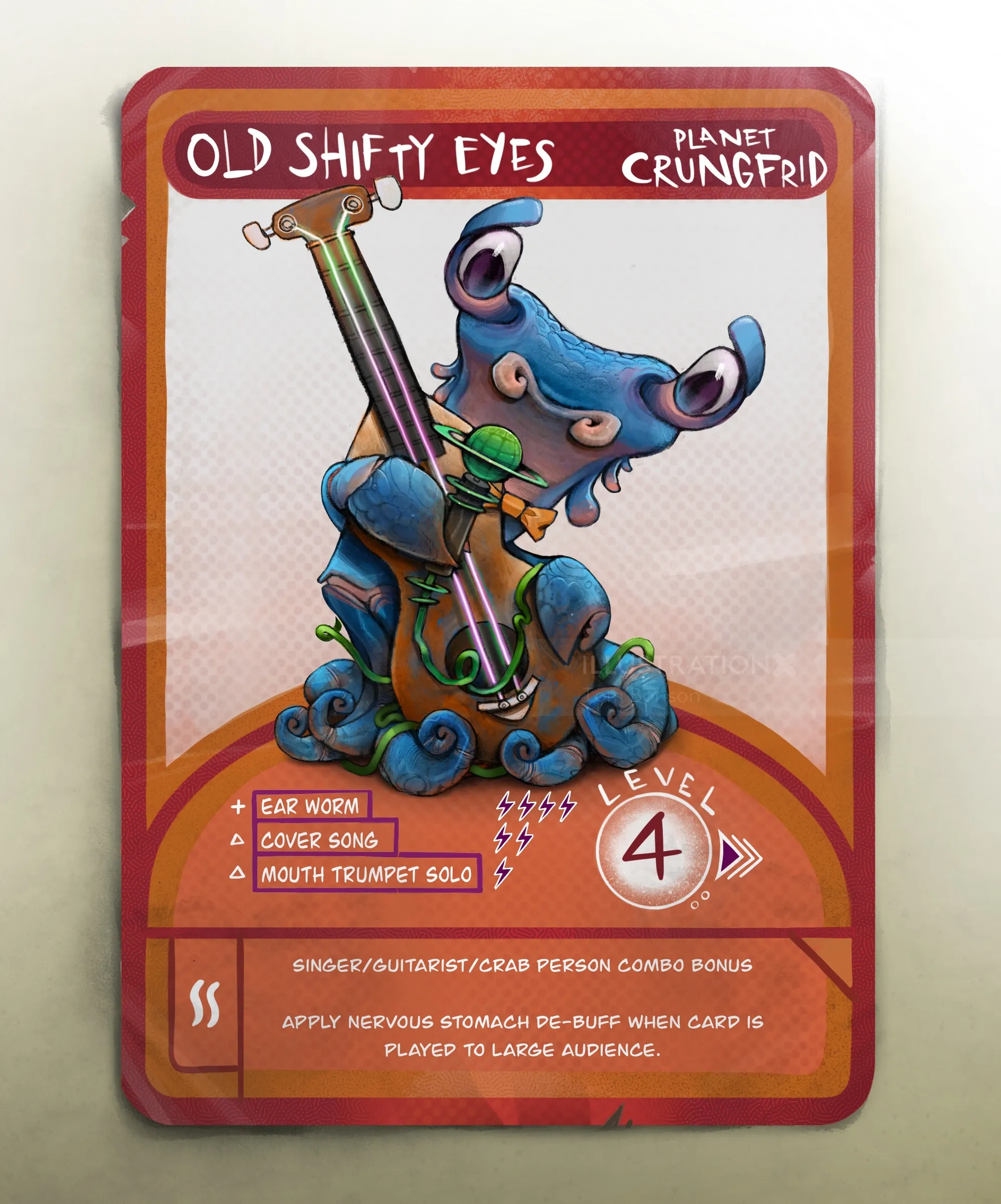 Old Shifty Eyes Charakterkarte mit einer blauen außerirdischen Kreatur, die Trompete spielt, von Tom Bonson