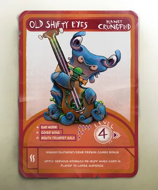 Old Shifty Eyes character card featuring a blue alien creature playing a trumpet, by Tom Bonson