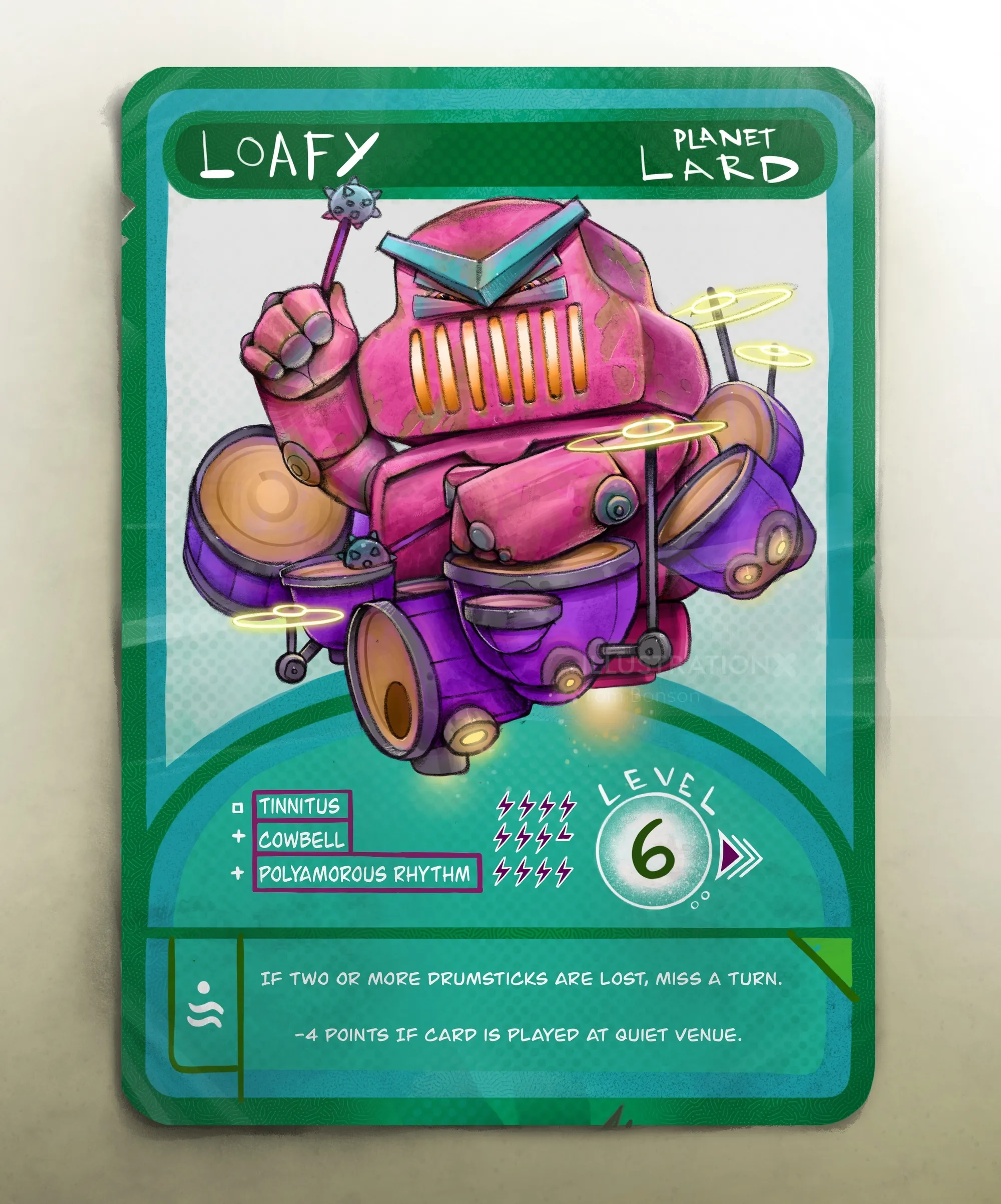 Faulpelz-Roboterfigur auf Spielkarte von Tom Bonson