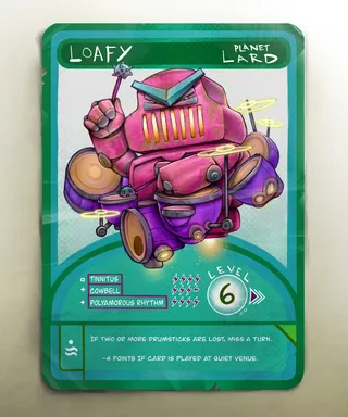 Loafy robot character on game card by Tom Bonson