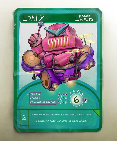 Loafy robot character on game card by Tom Bonson