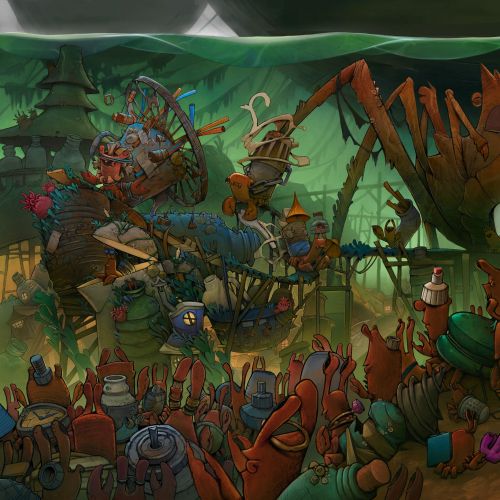 Fantasy scene with crowds and giant insect by Tom Bonson