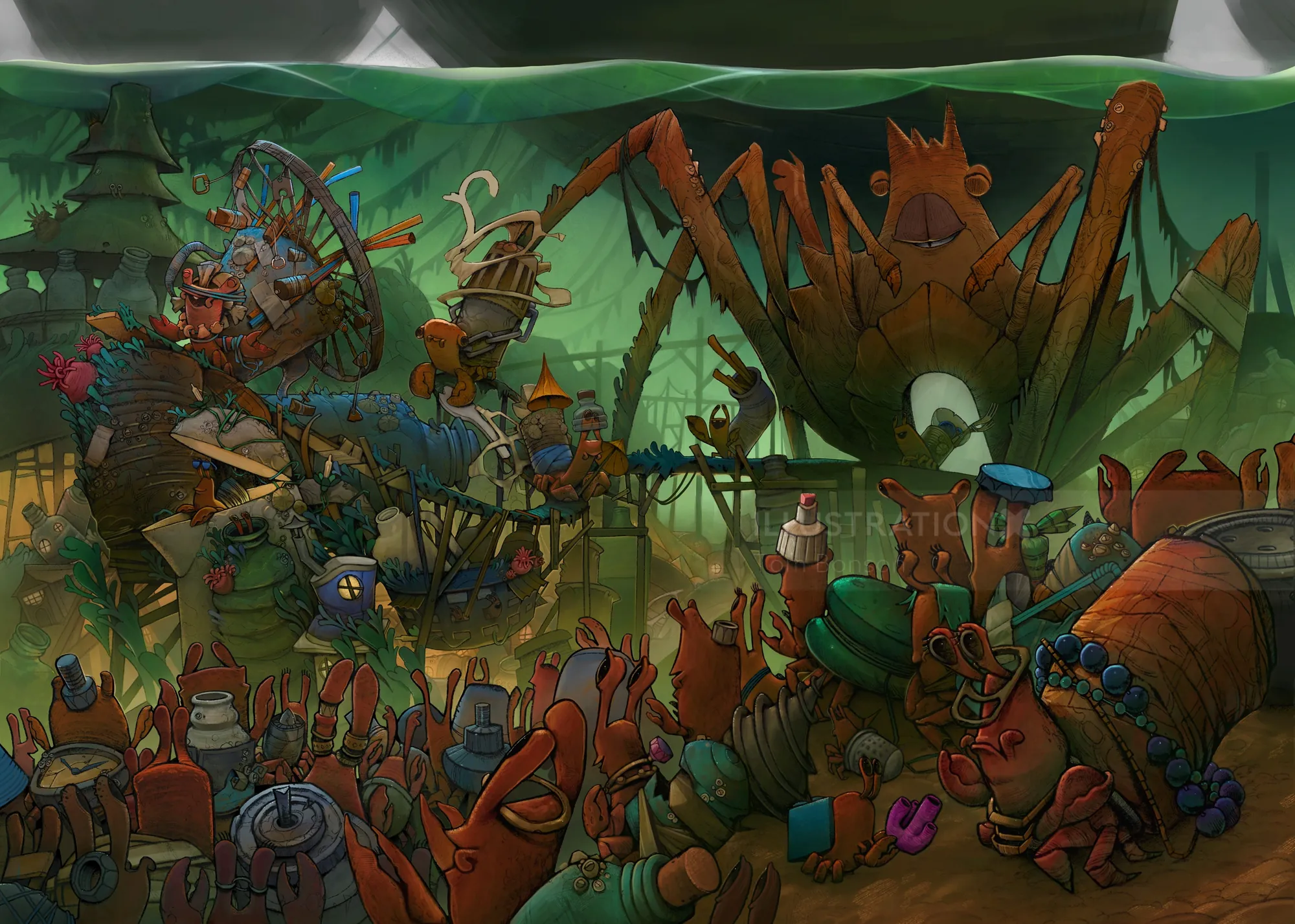 Fantasy scene with crowds and giant insect by Tom Bonson