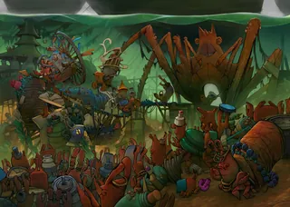 Fantasy scene with crowds and giant insect by Tom Bonson
