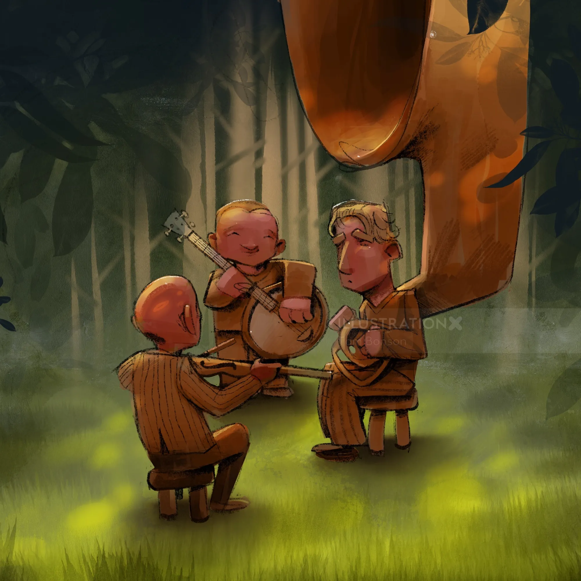 Illustration of three characters playing instruments in a forest by Tom Bonson