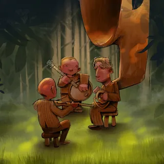 Illustration of three characters playing instruments in a forest by Tom Bonson