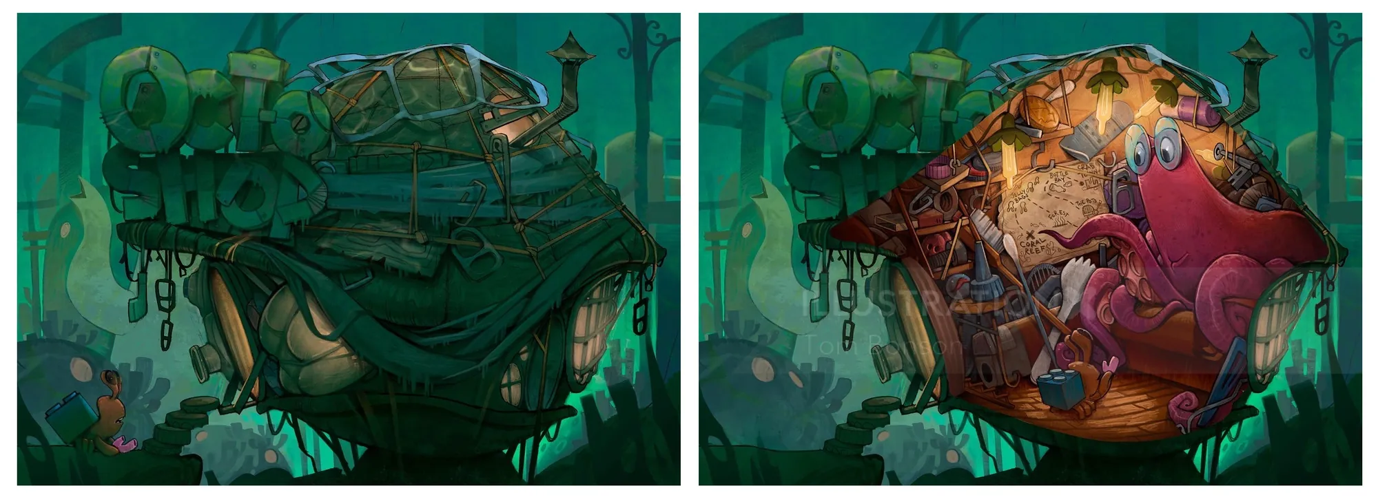 Escenas surrealistas submarinas con buceador y peces de Tom Bonson