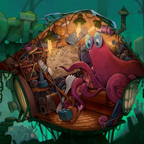 Underwater octopus inside a cozy treehouse with nautical items by Tom Bonson