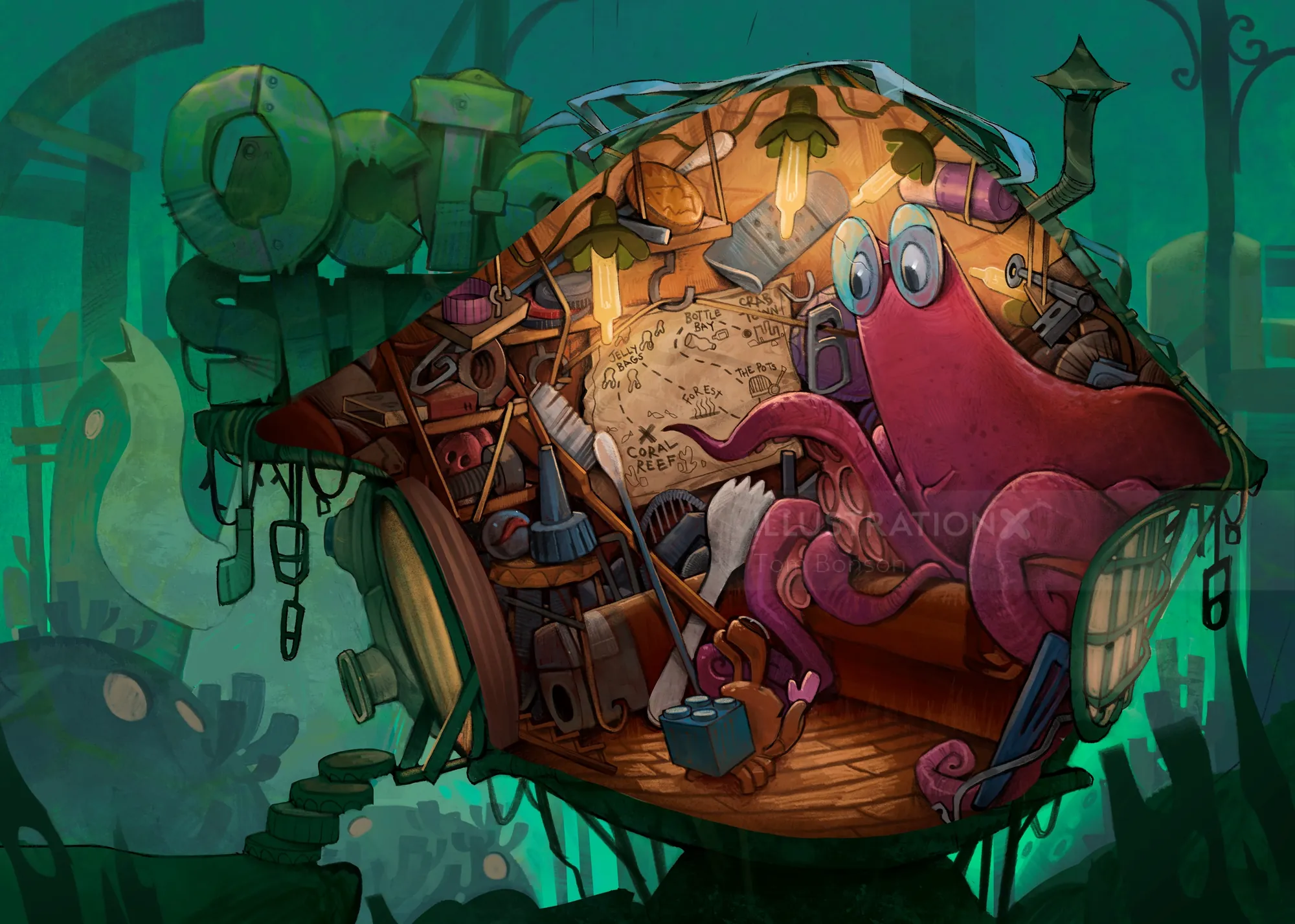 Underwater octopus inside a cozy treehouse with nautical items by Tom Bonson