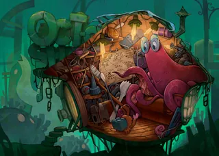 Underwater octopus inside a cozy treehouse with nautical items by Tom Bonson