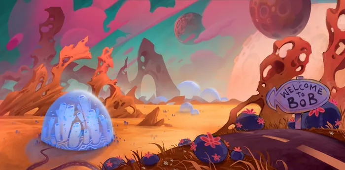 Surreal alien landscape with dome shelter and welcome sign by Tom Bonson