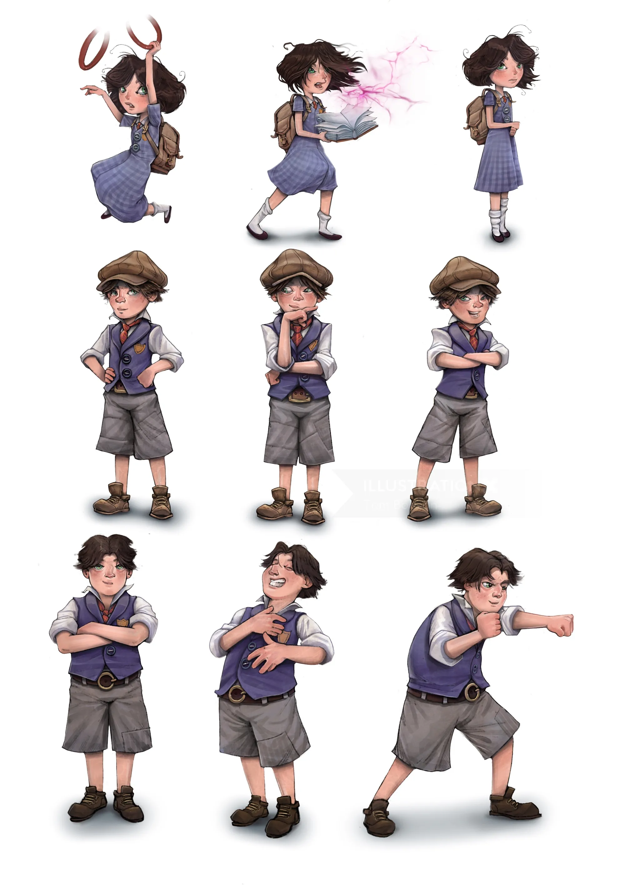 Hoja de diseño de personajes de dos niños, niña con magia y niño con uniforme por Tom Bonson