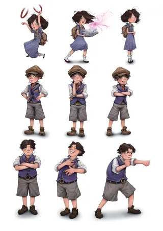 Character design sheet of two children, girl with magic and boy in uniform by Tom Bonson
