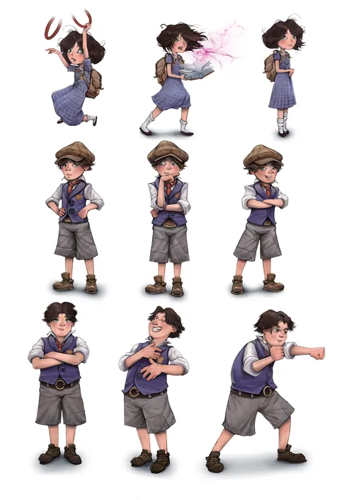 Character design sheet of two children, girl with magic and boy in uniform by Tom Bonson