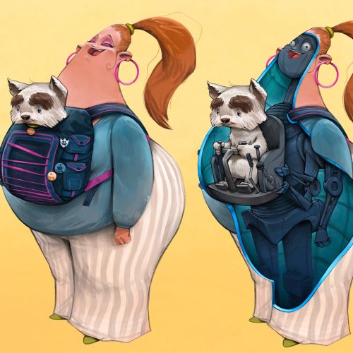 Character carrying a small dog in front carrier with anatomical view by Tom Bonson